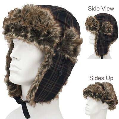 1pc Dark Brown Plaid Trapper Hat - Faux Fur - Wool Blend - Single 1pc - Imported