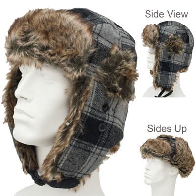 1pc Grey and Black Plaid Trapper Hat - Faux Fur - Wool Blend - Single 1pc - Imported