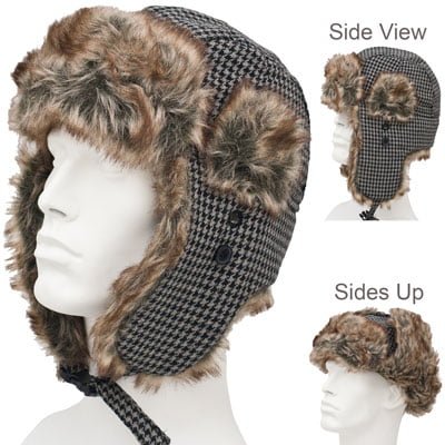 1pc Grey and Black Houndstooth Trapper Hat - Faux Fur - Wool Blend - Single 1pc - Imported