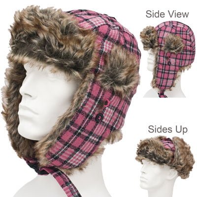 1pc Womens Pink Plaid Trapper Hat - Faux Fur - Wool Blend - Single 1pc - Imported