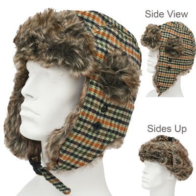 1pc Olive Plaid Trapper Hat - Faux Fur - Wool Blend - Single 1pc - Imported