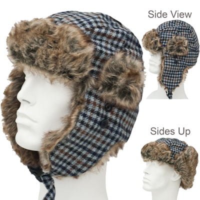 1pc Blue Grey Plaid Trapper Hat - Faux Fur - Wool Blend - Single 1pc - Imported