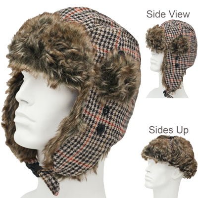1pc Tan and Black Houndstooth Plaid Trapper Hat - Faux Fur - Wool Blend - Single 1pc - Imported