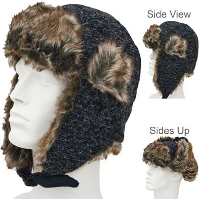 1pc Black and Grey Tweed Trapper Hat - Faux Fur - Wool Blend - Single 1pc - Imported
