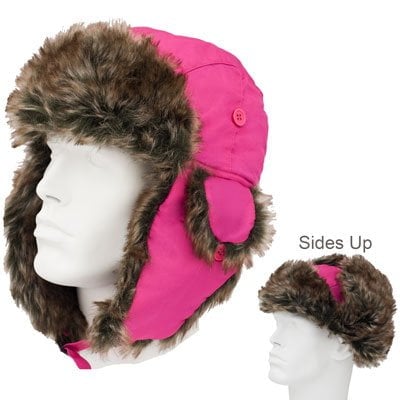 12pcs Womens Hot Pink Trapper Hats - Faux Fur - Heavy Duty Nylon - Waterproof - Dozen Packed - Imported