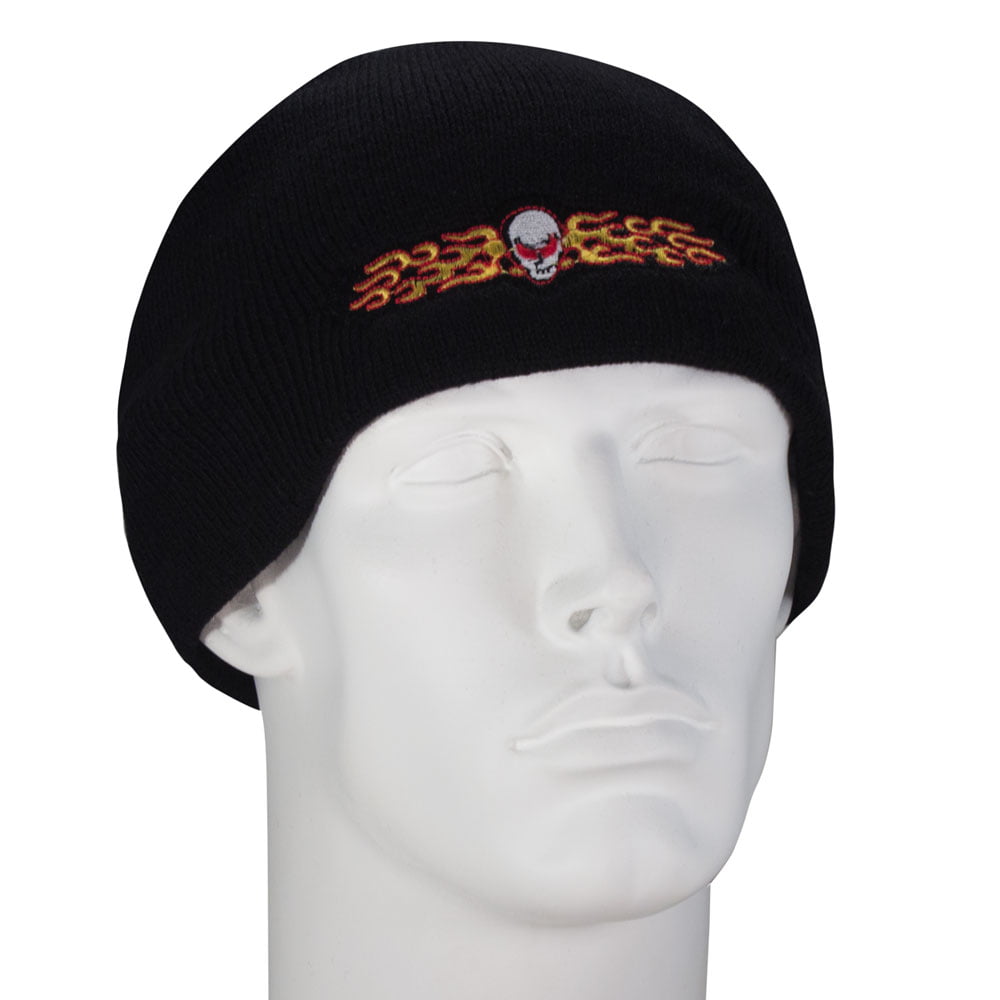1pc Flaming Skull Embroidered Black Beanie - Single Piece