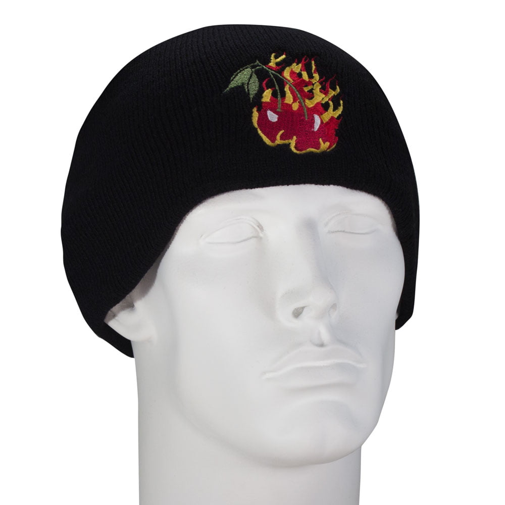1pc Flaming Cherries Embroidered Black Beanie - Single Piece