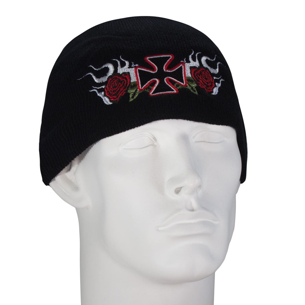 1pc Maltese Cross and Roses Embroidered Black Beanie - Single Piece