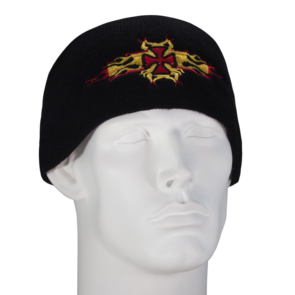 1pc Flaming Maltese Cross Embroidered Black Beanie - Single Piece